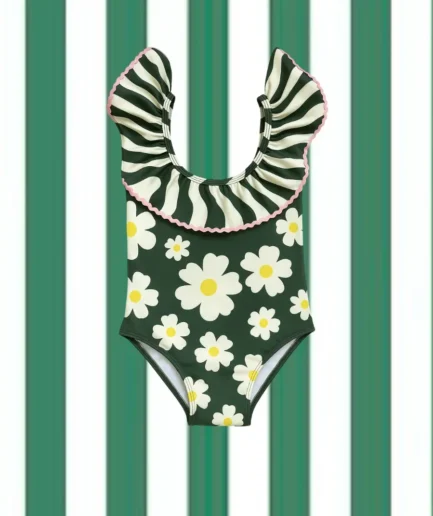 BAÑADOR ENTERO NIÑA  VERDE CON FLORES BLANCAS Y VOLANTE RAYAS