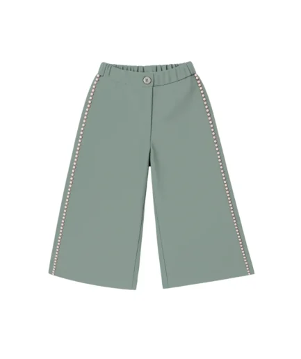 Pantalón largo ancho liquen borlas rosas