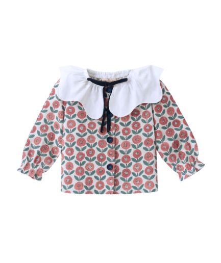Blusa flores teja con cuello blanco y lazada azul