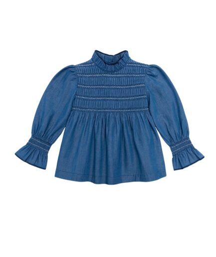 Blusa denim smock contraste azul y blanco