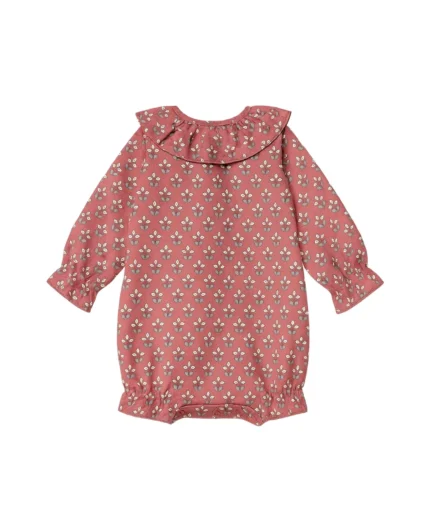 Pelele cuello grande rosa flores blancas y lazada rosa