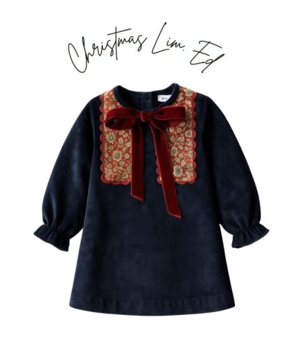 Vestido azul navidad detalle en pecho flores navideñas