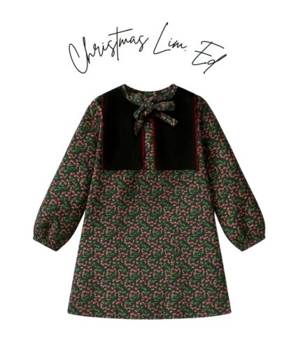 Vestido verde flores navidad detalle en pecho contraste